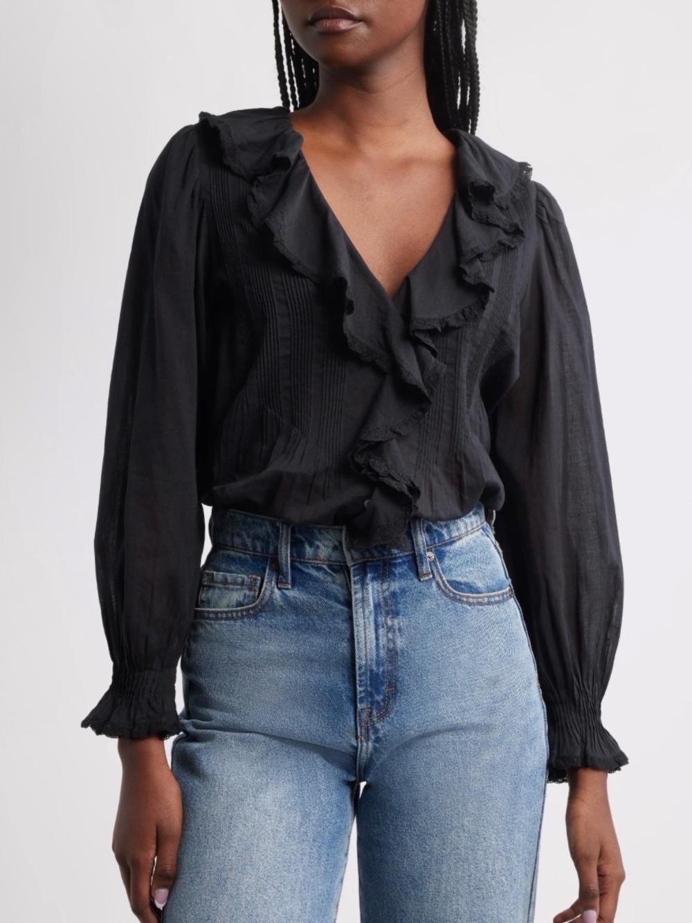 Black Ruffle V-Neck Long Sleeve Blouse XL NWT